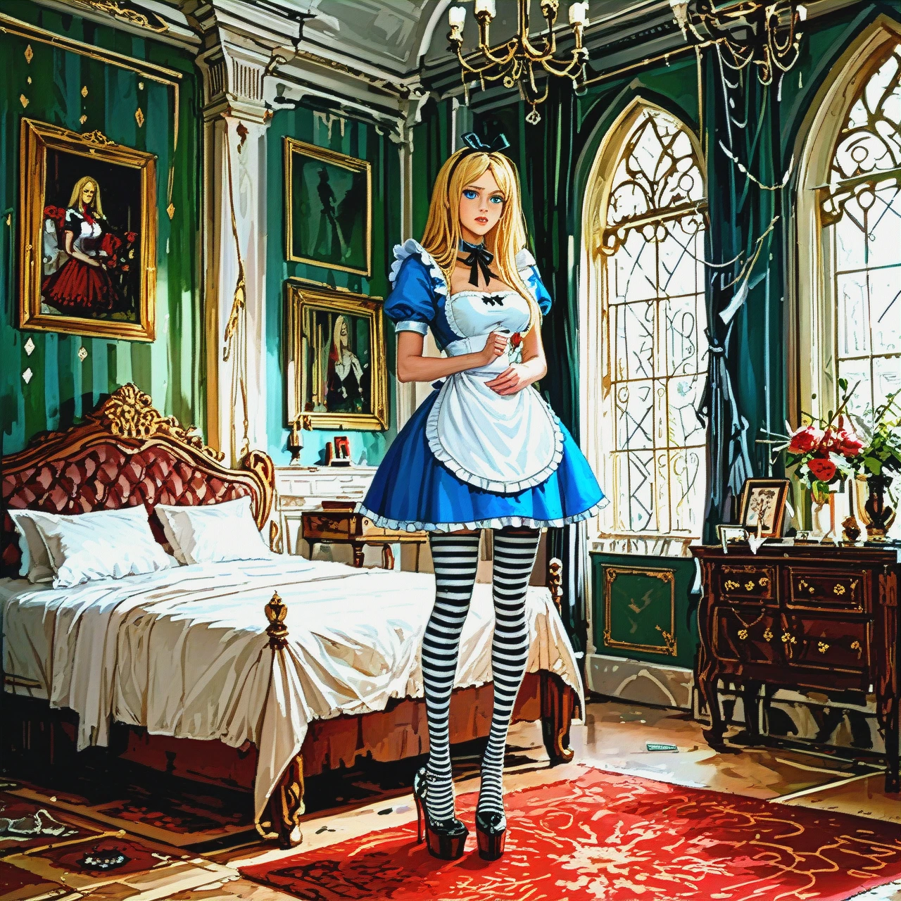 @alice   is standing, naked, masturbating, looking guilty, striped stockings, high-heeled shoes, collar around her neck, bedroom.