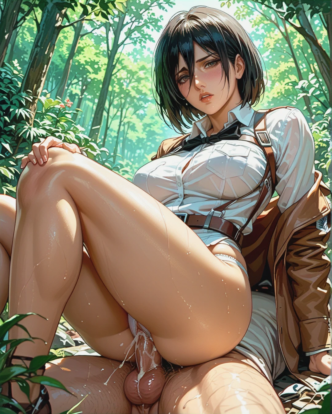 1 girl, mikasa mature, attack on titan,sex with oldman,,in the  forest , White underwear only,