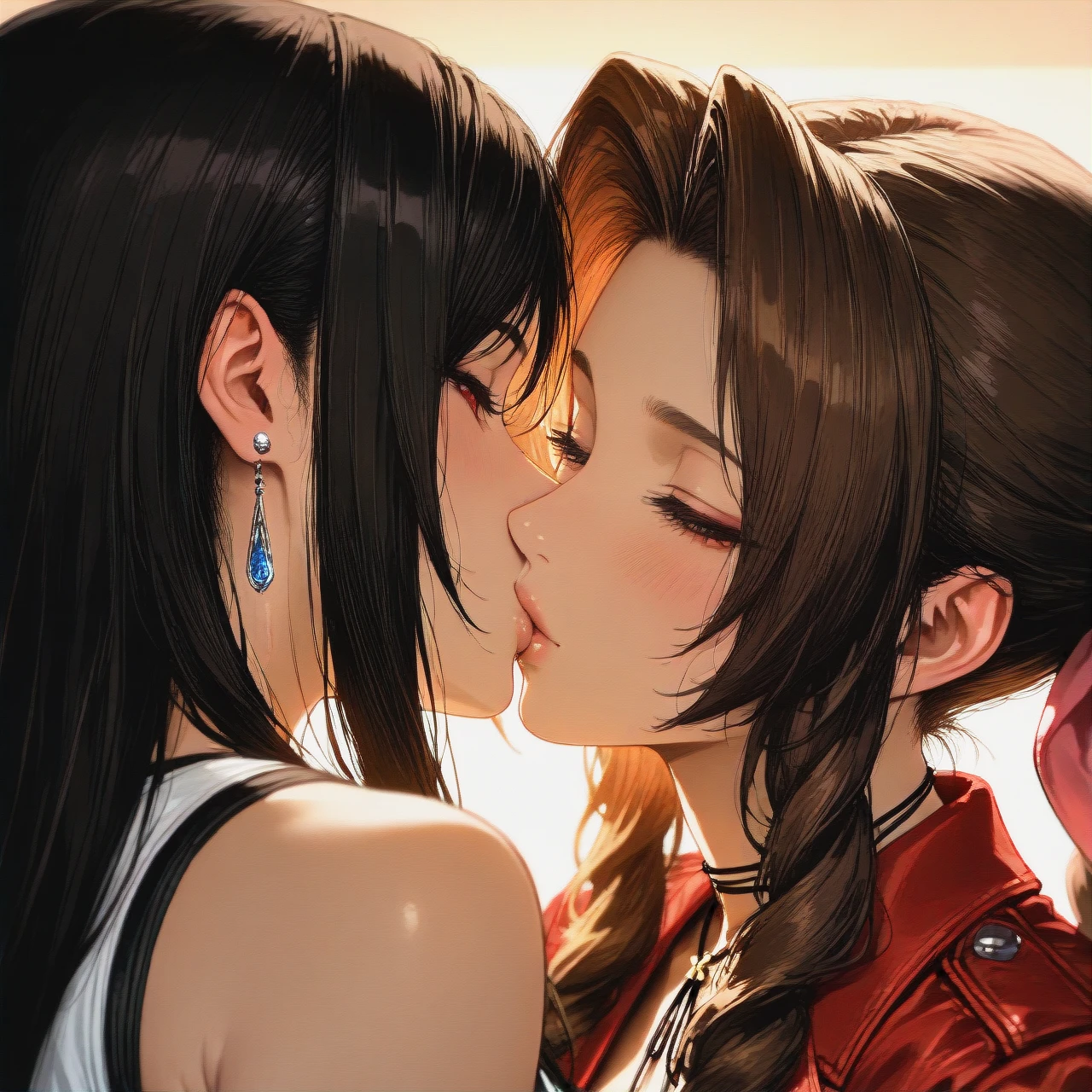 Tifa lockhart, aerith_gainsborough, kissing, 2girls