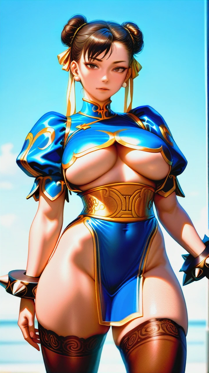 @chun-li (full-face) (thick thighs) (skinny) (thin) (thighighs) (legs_apart) (young_female) (defined_musculature) (very_skinny_body) (ectomorph) (slim) (open_dress) (open_hand) (underboob)