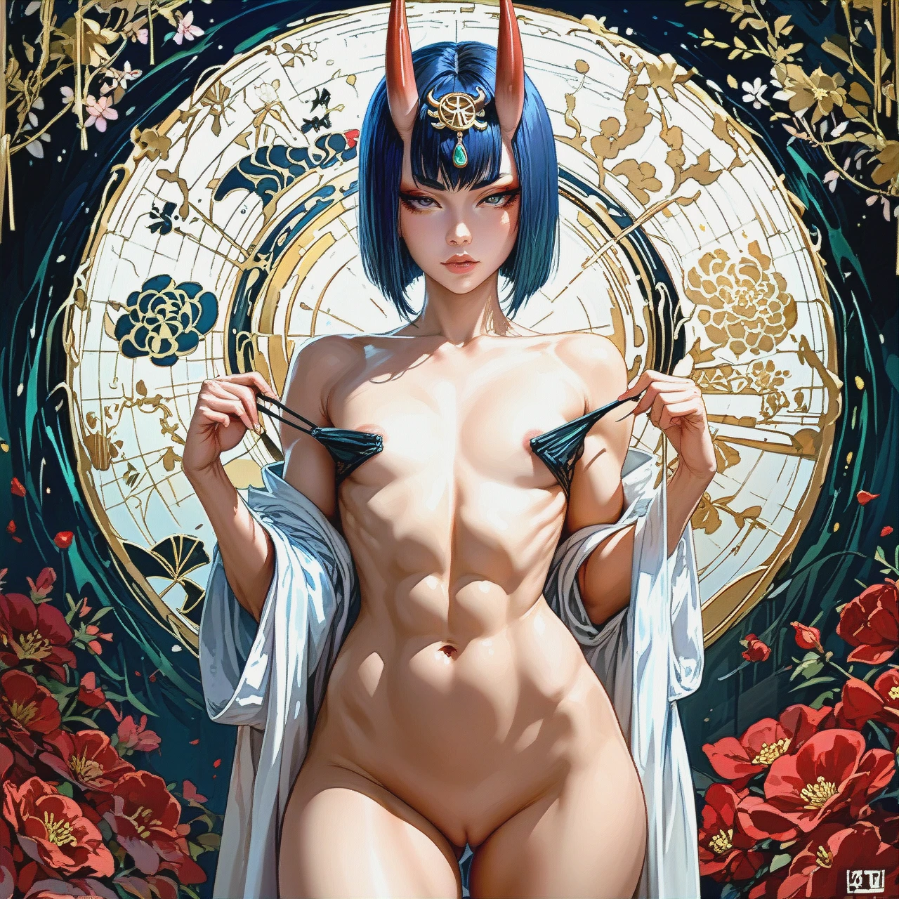 Shuten-Douji, nude, (nipple_slip) body,   (nipple_pull),  (flat_chest), front view, seductive face, heavy upper lips, vulgarity,fit ass, abs ,(standing), no bg white