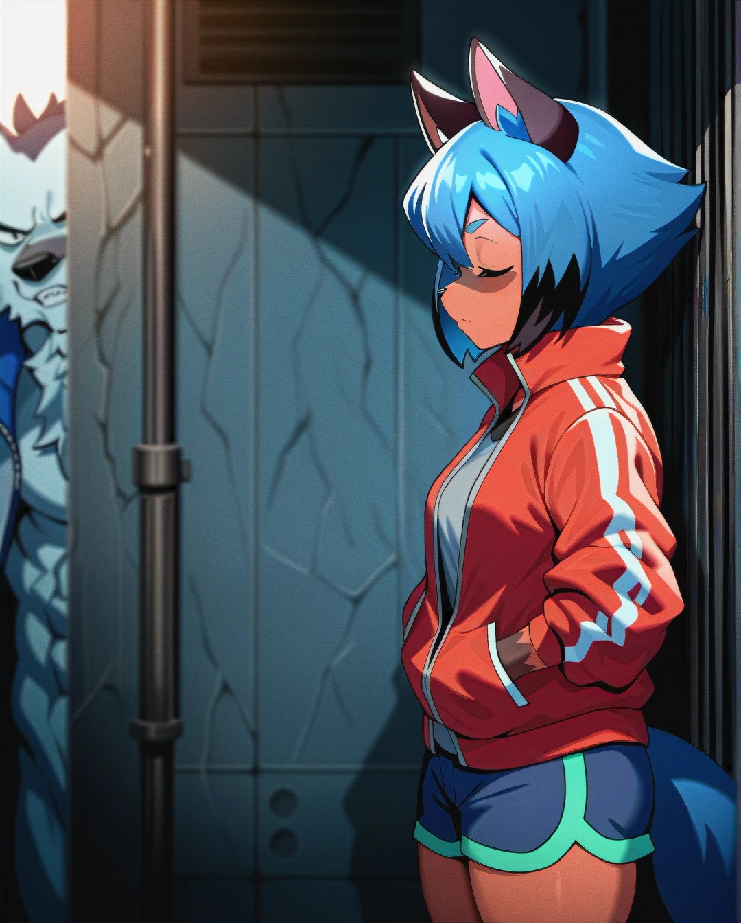 1girl, (furry),@kagemori_michiru,track jacket,|, ,white_wolf, guy,thick muscular arms,hag,closed_eyes