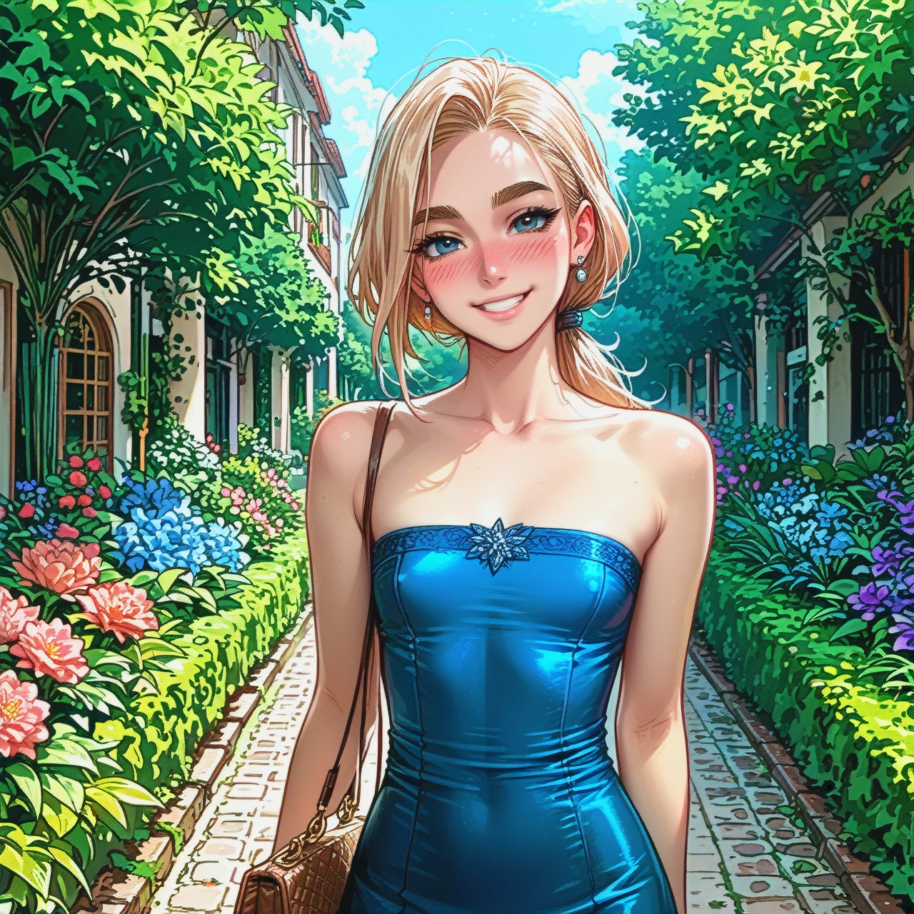 Slim blonde, thick eyebrows,garden,smiling,(flat_chest) low ponytail,blue strapless dress, handbag, (nose_blush)