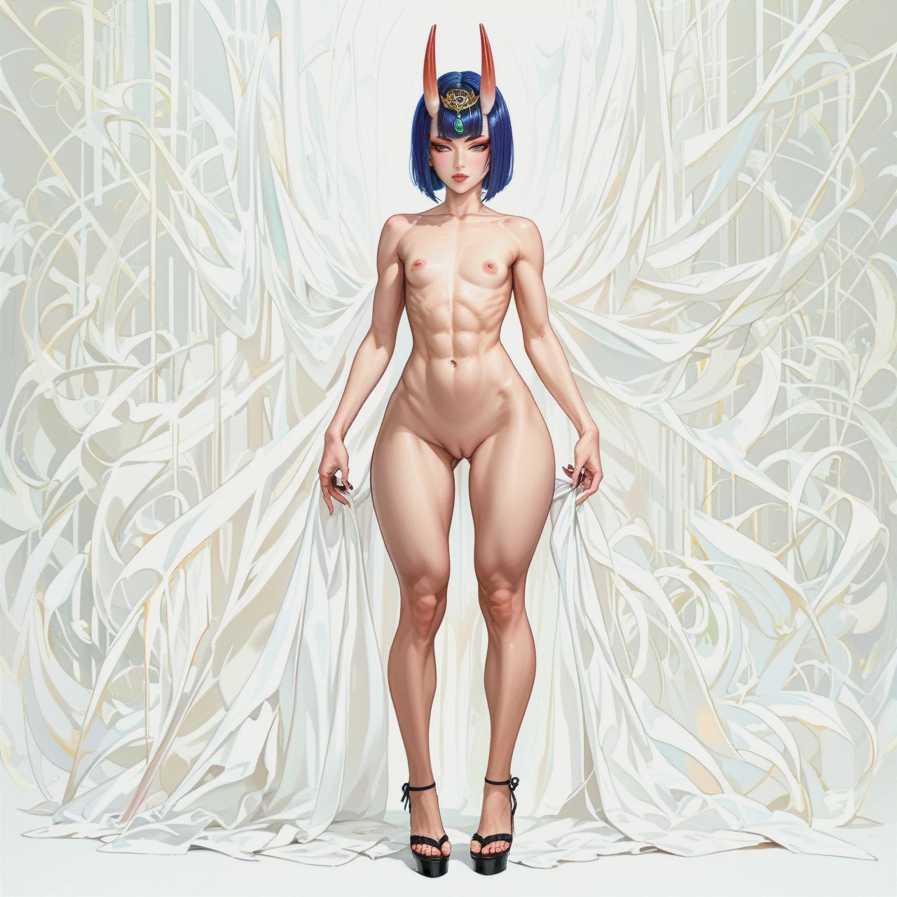 Shuten-Douji, nude, petite, (miniboy), (facing_viewer), full (full_body),  (flat_chest), seductive face, heavy upper lips, vulgarity,(hands_on_hips), abs ,(standing), no bg white