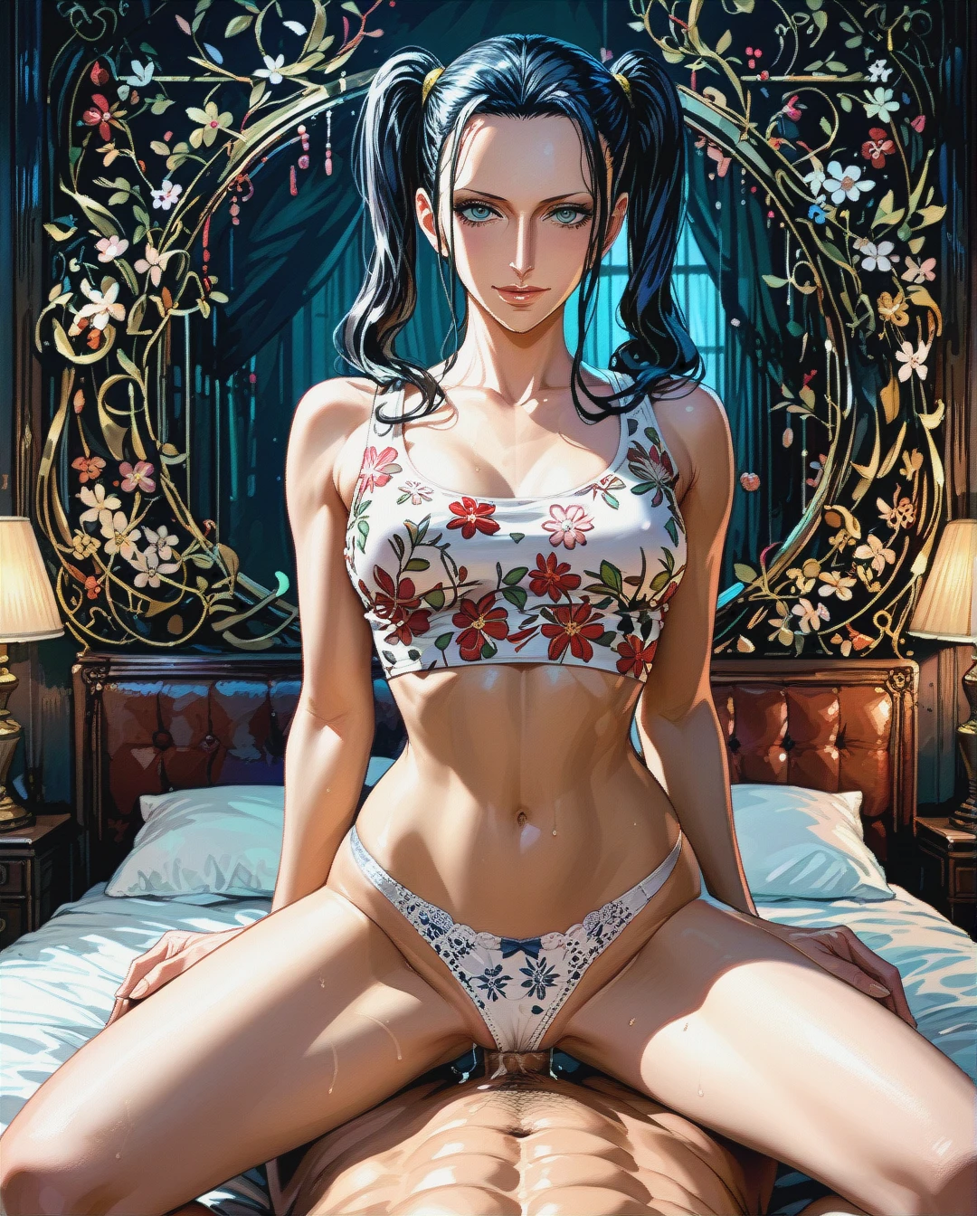 Nico Robin,mature,on bed, crop tank top white floral, panties,floral, , twintails hairstyles, sex on top,medium flat chest, front view, dark room