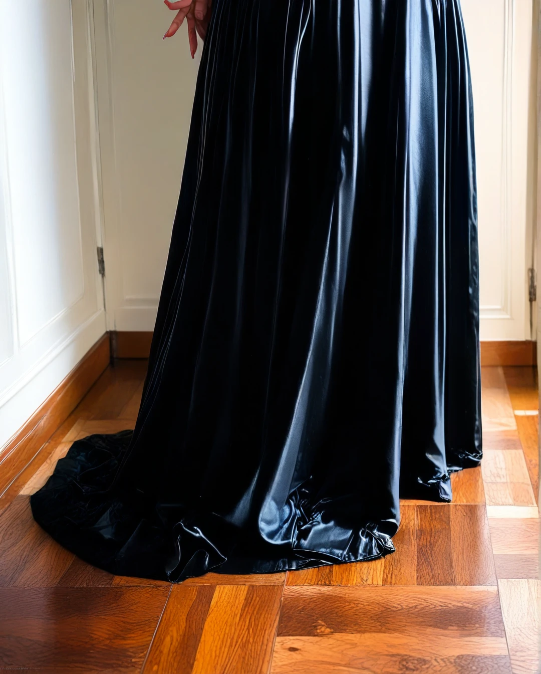 Girl on the floor of a photoshoot studio wearing black satin dress