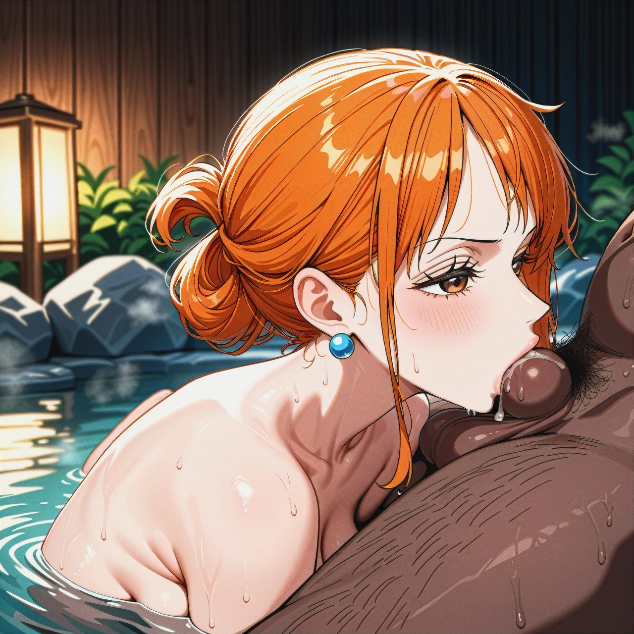 onsen, sole male, sole female, towel, (crossed_legs), pulled back hairstyle, @nami,  rimming , rimjob, interracial, precum, (anilingus), (full_body)