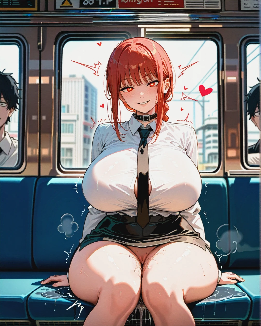 score_9, score_8_up, score_7_up, @makima, (netorare), (curvy), excessive (Pussy_juice), horny, (gigantic_breasts), huge_ass, wide_hips, big_thighs, (naughty_face), (heart-shaped_eyes), sitting, collar, train, mini_skirt, (implied_masturbation), puddle, (wide_shot)