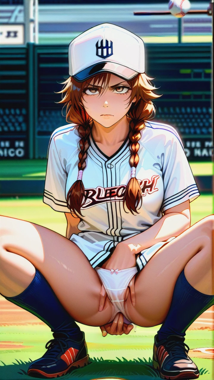 Bleach, girl, brown hair, long hair, twin braids, messy bangs, baseball cap, baseball shirt, in baseball field, realistic, serious, baseball glove, squatting, spreading legs, pubic, (despair) (fingering_through_panties)