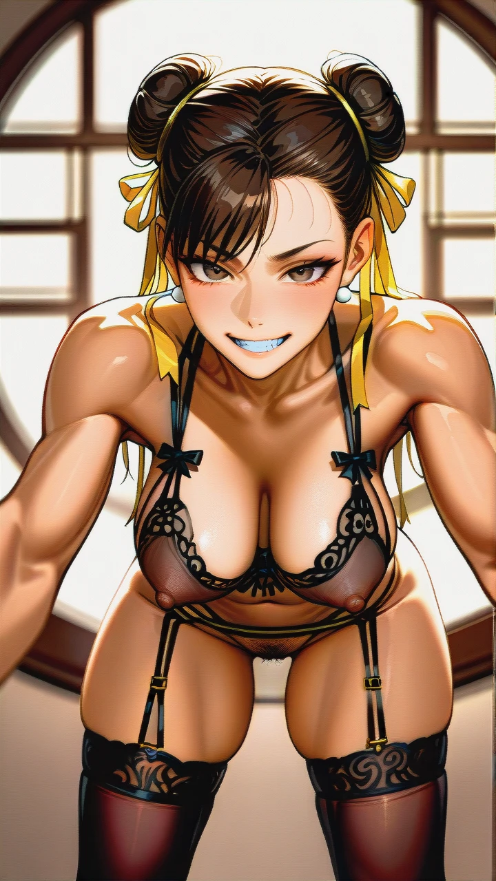 @chun-li (clenched_teeth_smile) (beautiful) (full-face) (pointy_breasts) (High-resolution) (original_lines) (thick thighs) (naughty_face) (lingerie) (covered_nipples) (pubic_hair) (light_areolae) (skinny) (thin) (thighighs) (brown_eyes) (legs_apart) (garter) (lips) (G-string) (young_female) (tight_belts) (defined_musculature) (hanging_breasts) (very_skinny_body) (ectomorph) (bent_over) (pinky_out) (slim) (perky_breasts) (bent_over_pov) (impossible_bra) (window) (full_thighs) (hands_on_own_legs)