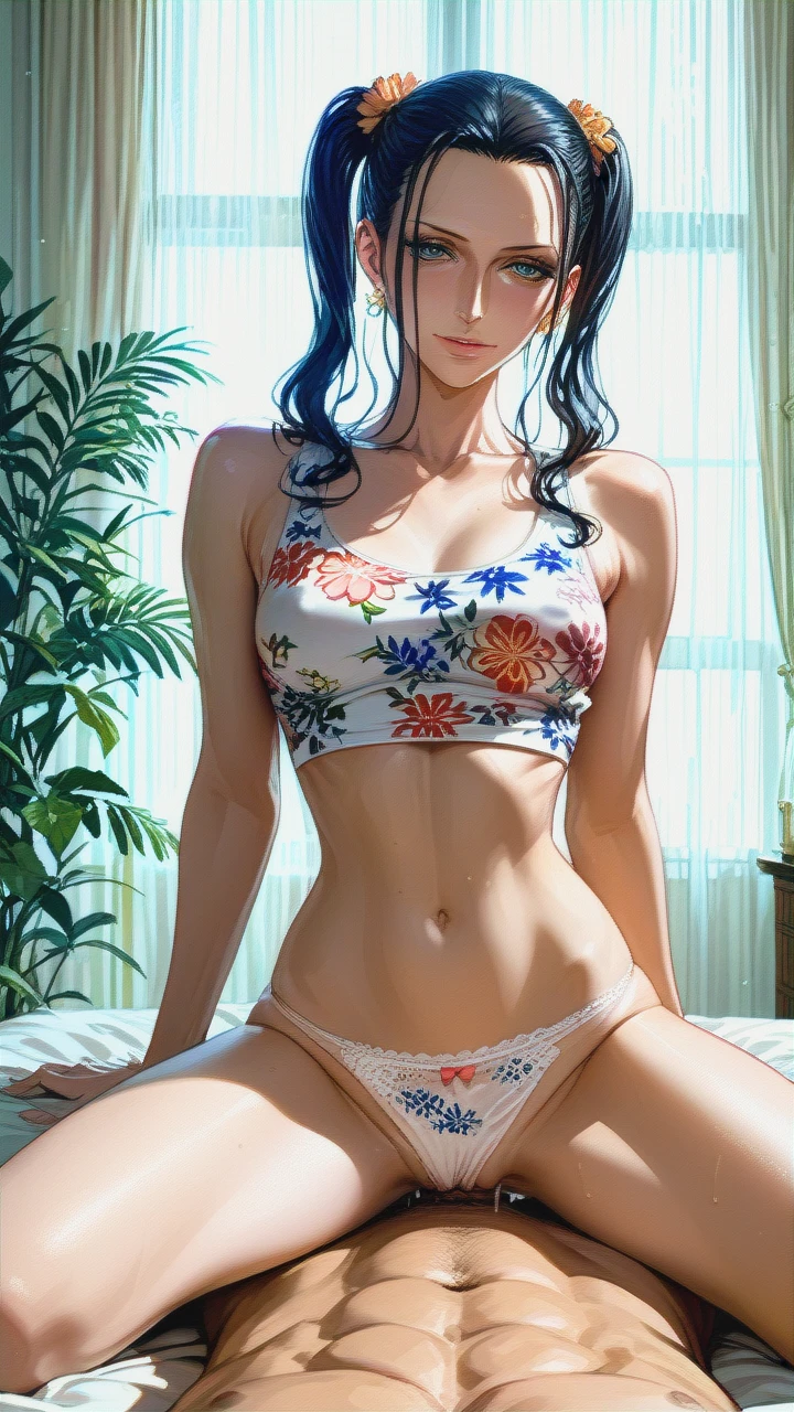 Nico Robin,mature,on bed, crop tank top white floral, panties,floral, , twintails hairstyles, sex on top, front view, flat chest ,dark room