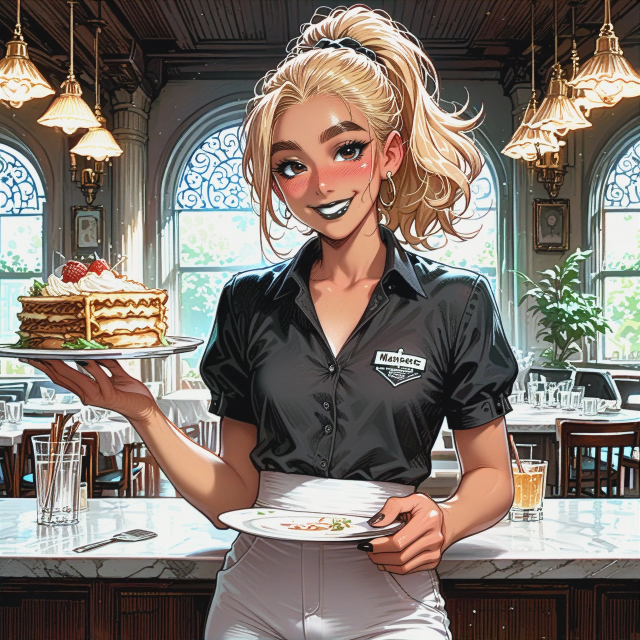 Skinny tanned blonde girl (flat_chest),thick eyebrows,black shirt and pants,waitress,(smile),ponytail,Solo, (blush) comics, black lipstick