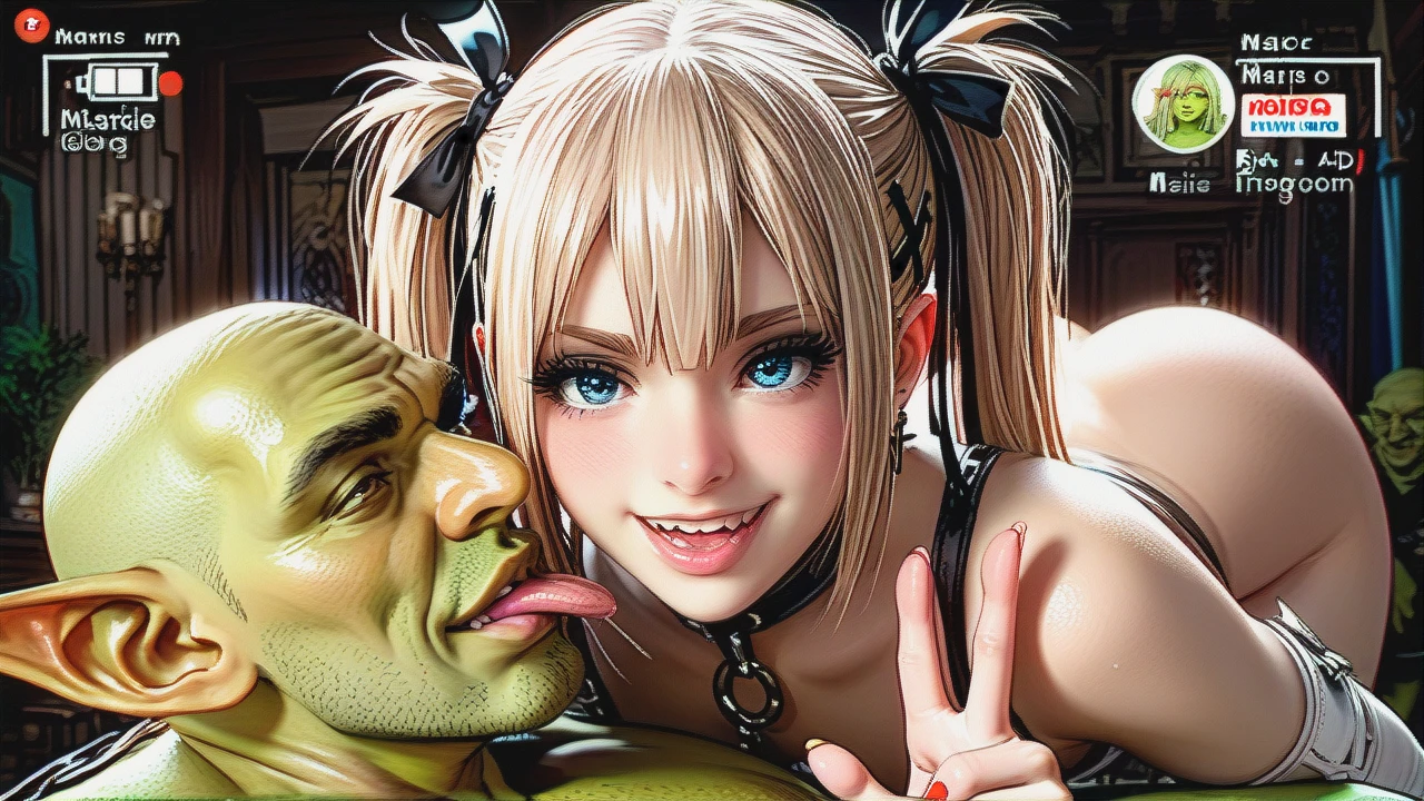 marie rose, pigtails,cute , marie  analingus, green goblin, goblin,marie licking goblins anus, marie giving a rimjob, analingus ,  face near ass, looking at camera, smile, peace sign ,<lora:3D XL:3>