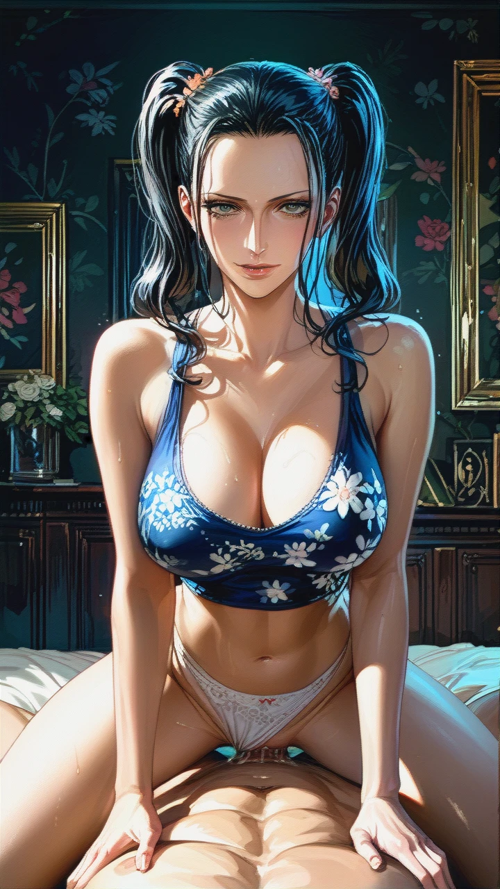 Nico Robin,mature,on bed, pulled up crop tank top white floral, panties,floral, , twintails hairstyles, sex on top,medium chest, front view, dark room