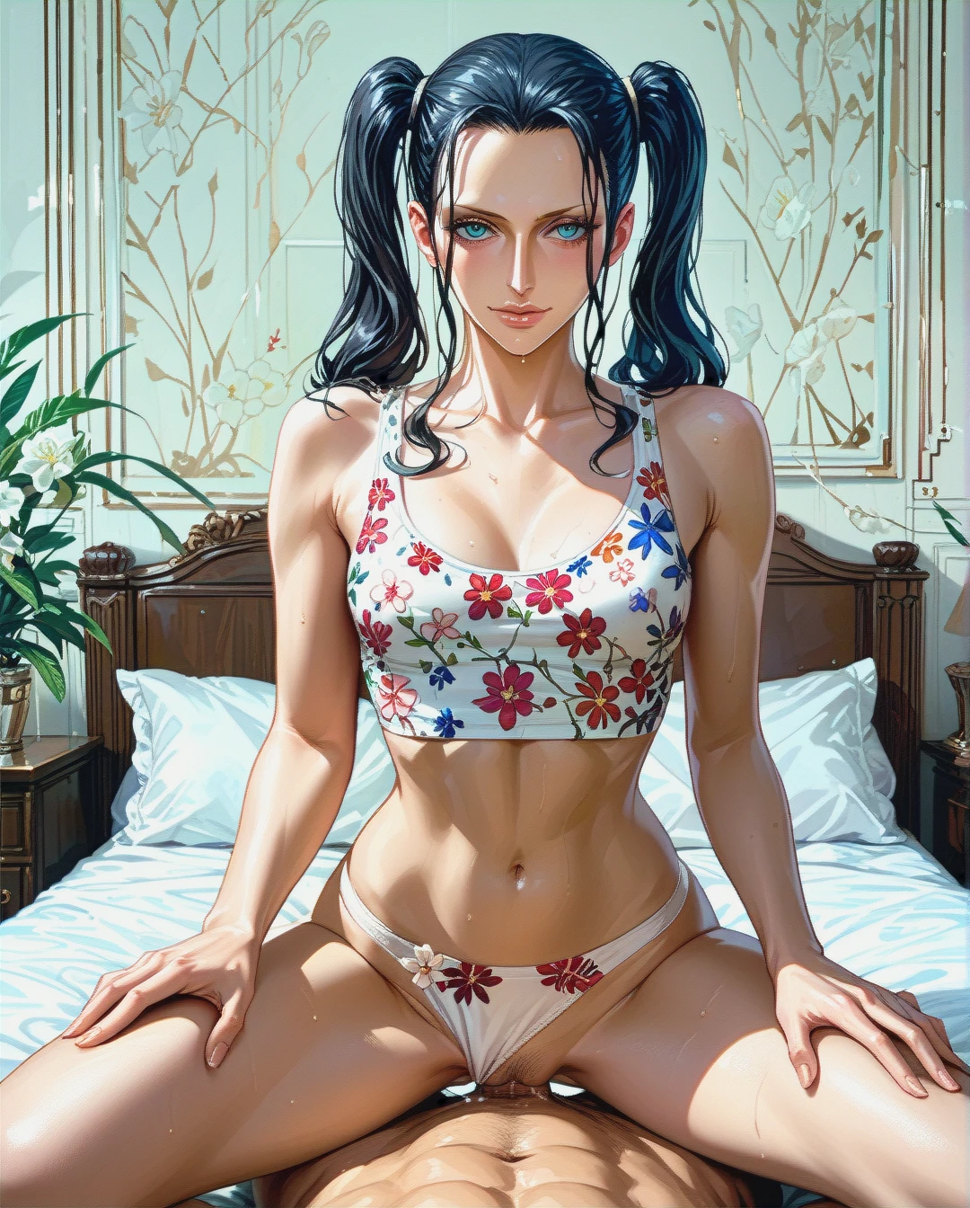 Nico Robin,mature,on bed, crop tank top white floral, panties,floral, , twintails hairstyles, sex on top, front view, flat chest ,dark room