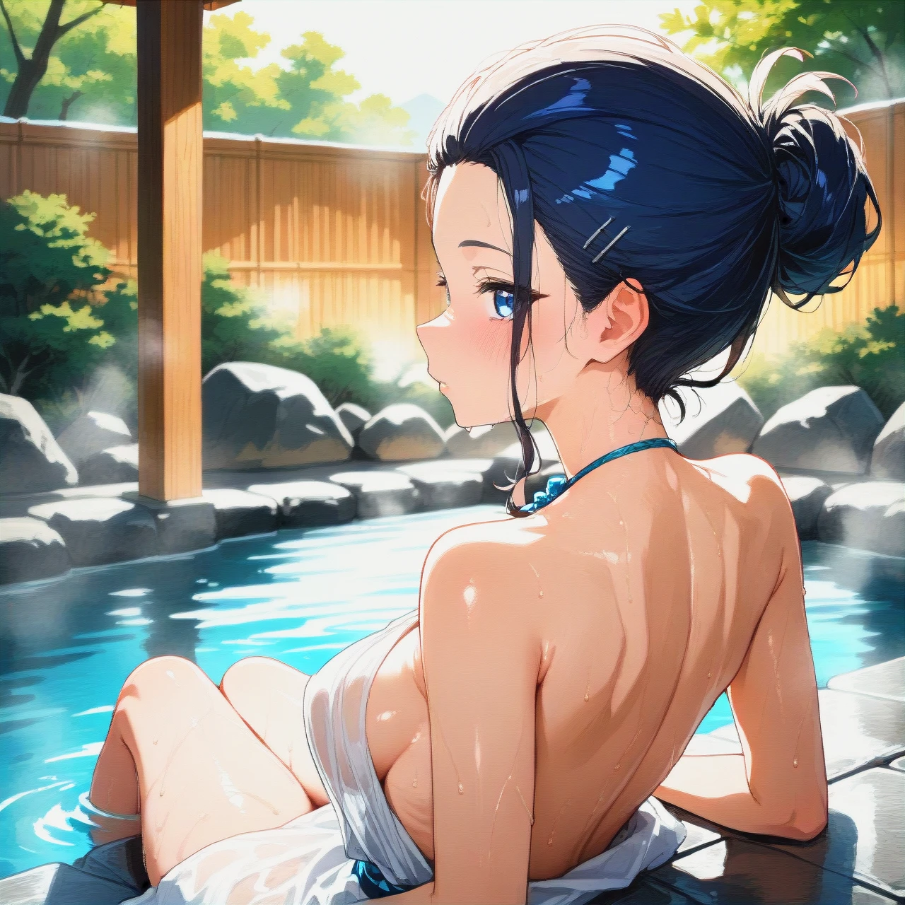 onsen, sole male, sole female, pulled back hairstyle, sitting, sexy body, nami (wano-outfit)