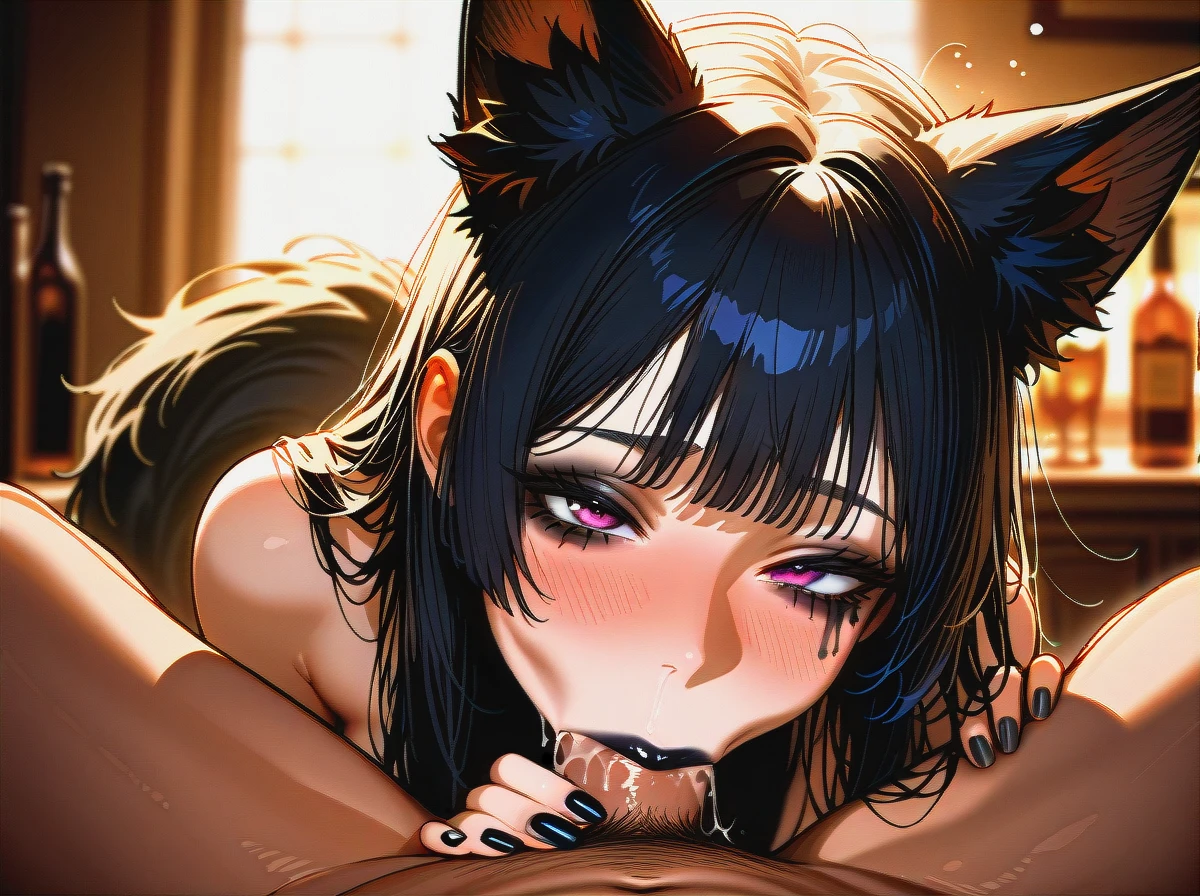 black fox ears, black fox tail, black fox hair, without clothes, black lips, goth girl, ruined makeup, bare feet, black nails, long nails, (drunk), (fellatio), (:>=), slobbery blowjob, (drooling), (prostitution)