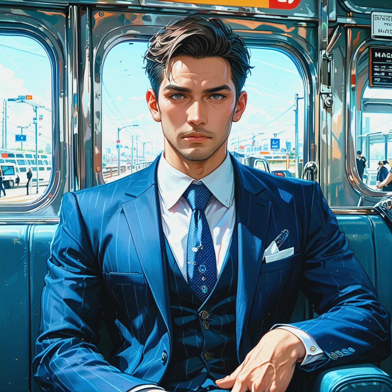 business man in blue suit, sitting in train, (cropped_torso), (close-up)