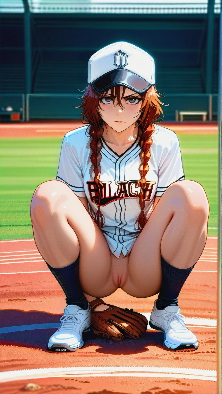 Bleach, girl, brown hair, long hair, twin braids, messy bangs, baseball cap, baseball shirt, in baseball field, realistic, serious, baseball glove, (detailed pussy1.2), (fully naked), squatting, spreading legs, (despair