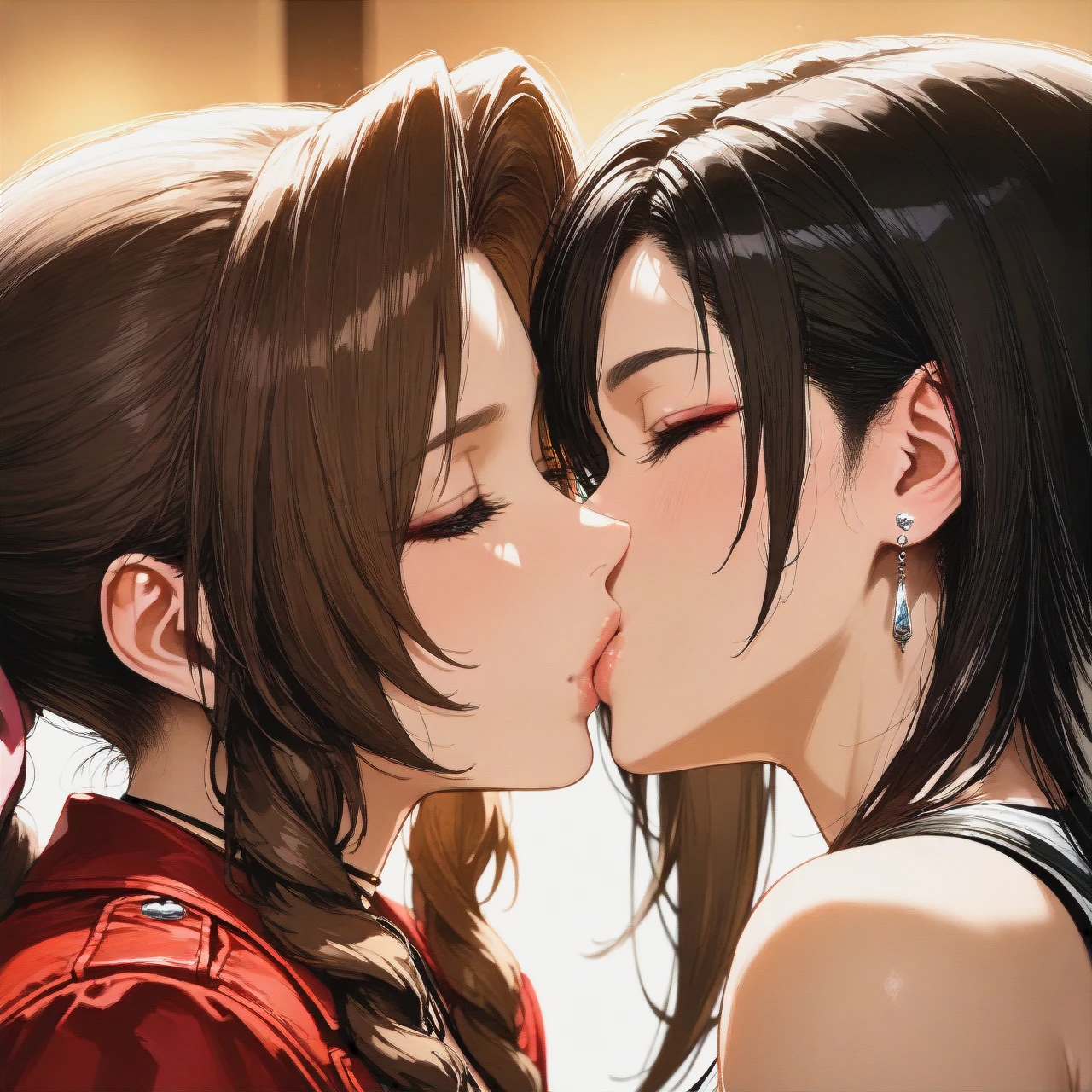 Tifa lockhart, aerith_gainsborough, kissing, 2girls