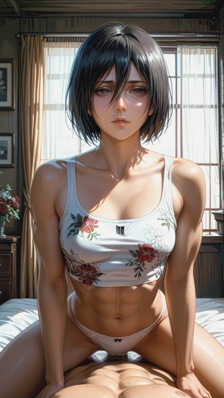 @mikasa_ackerman,mature,on bed, crop tank top white floral, panties,floral, , sex on top,medium flat chest, front view, dark room