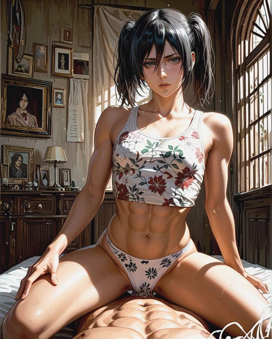 @mikasa_ackerman,mature,on bed, crop tank top white floral, panties,floral, , twintails hairstyles, sex on top,medium flat chest, front view, dark room