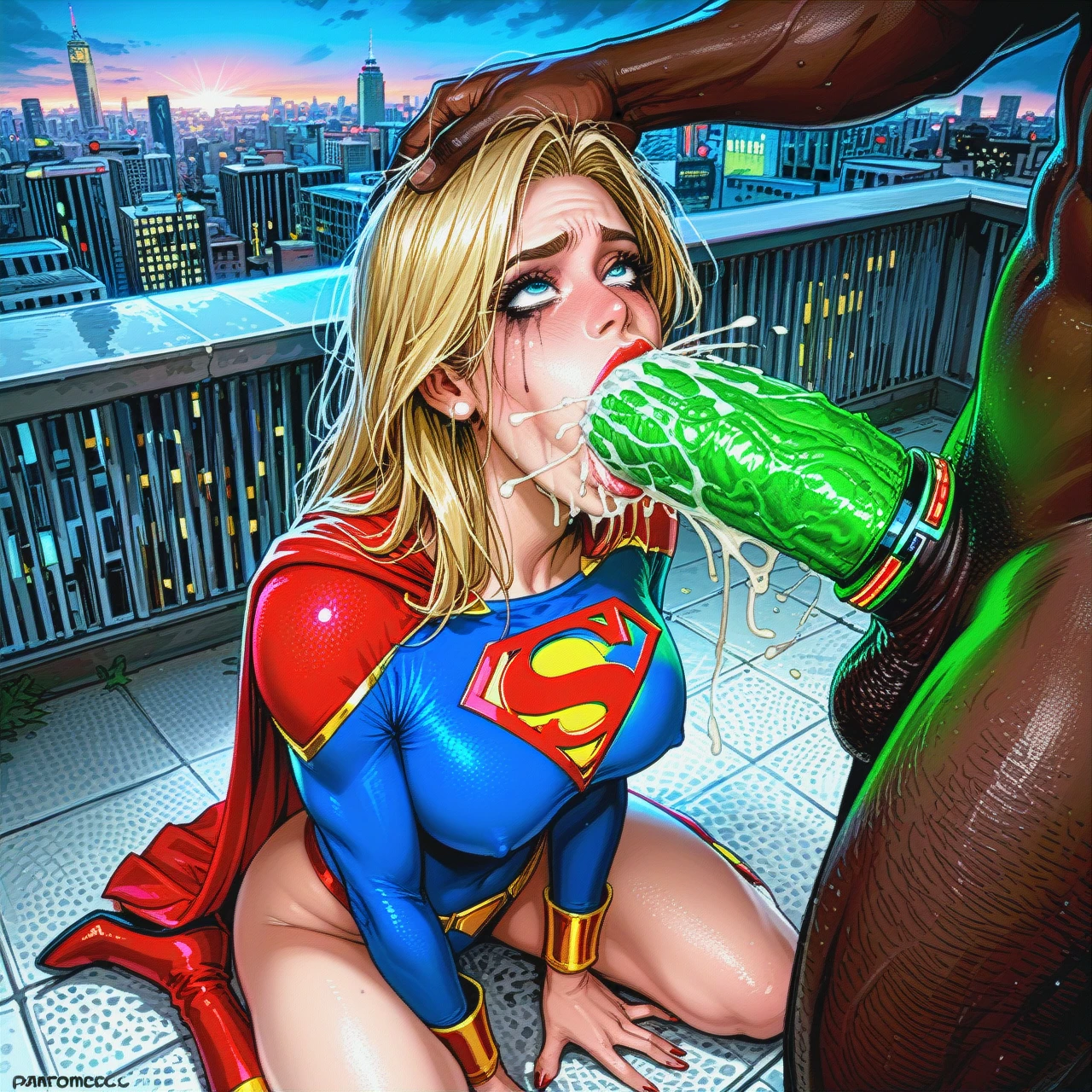 supergirl, full costume, kneeling, female masturbating, deepthroat, cum in mouth, cum spilling from mouth, extreme amounts of cum, cum overflow, lipstick deepthroat marks on penis, runny makeup, head held down, head pressed into crotch, eyes rolling, extreme massive bulging veiny hyper penis, interracial, black man, glowing green cock ring, new york rooftop, night