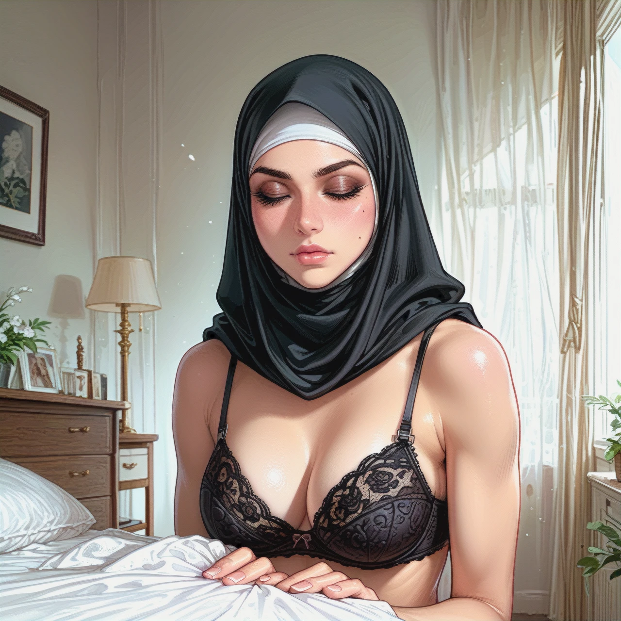 The image shows a young woman wearing a black hijab and a black bra and  black underwear She is standing in a bedroom with a bed in the background. The woman is She has a serious expression on her face and her eyes are closed. The overall mood of the image is sensual and intimate.