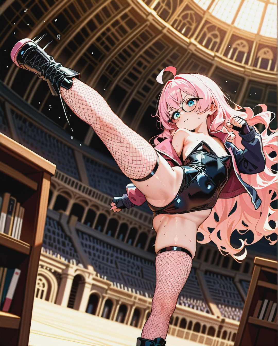 1girl,lolli, pink hair, very long hair,wavy hair,  glasses, ,ahoge,soft skin,  sweat, track jacket, pink reggings ,black leotard, fingerless gloves, bare chest, pink fishnet stockings, black boots  depth of field, colosseum, book shelf, dynamic pose,kick