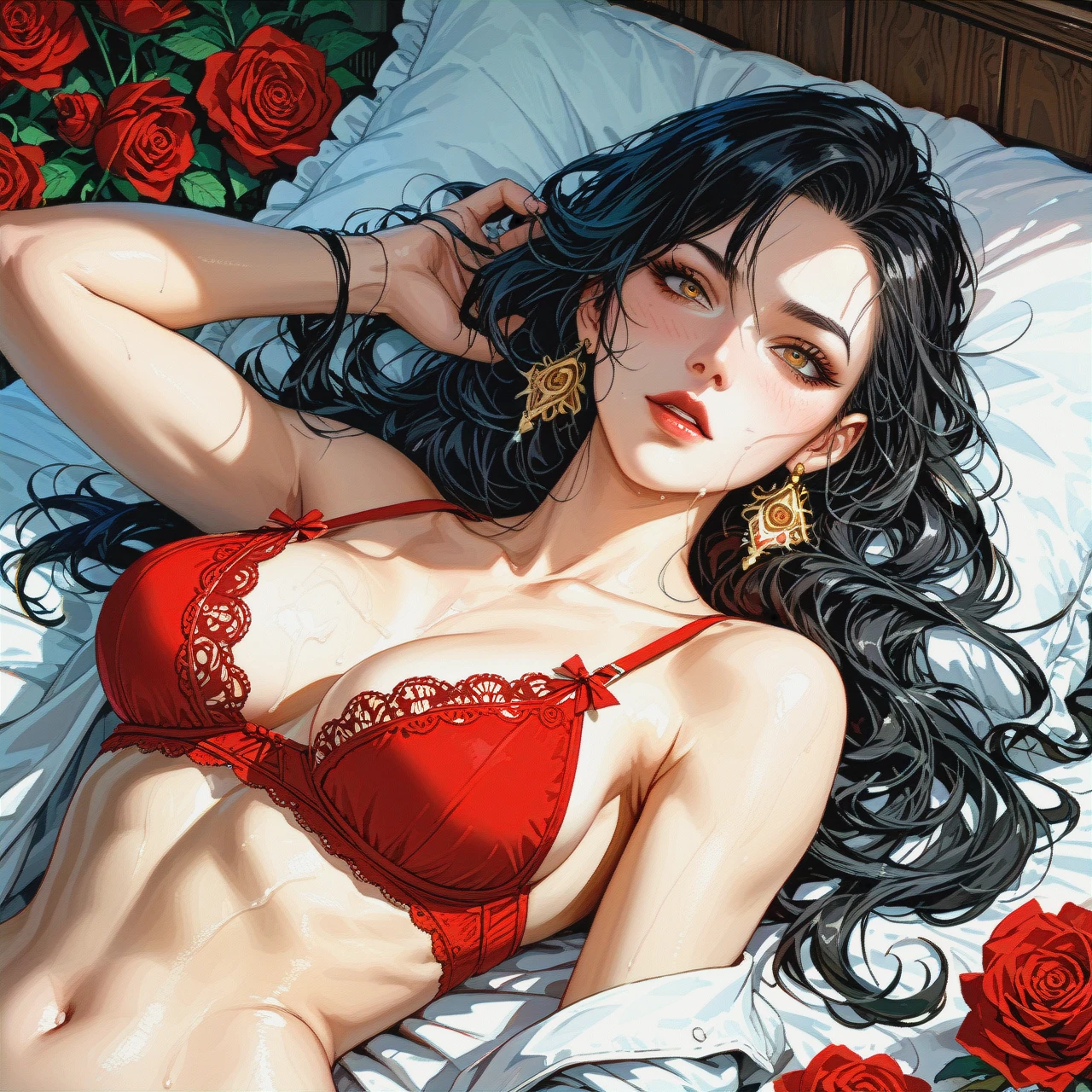 The image is an illustration of a young woman lying on a bed. She has long black hair that is styled in loose waves and falls over her shoulders. She is wearing a red bra with red roses on it and gold earrings. Her eyes are wide open and her mouth is slightly open, as if she is about to say something. The background is white and there is a white pillow behind her head. The overall mood of the image is sensual and intimate.