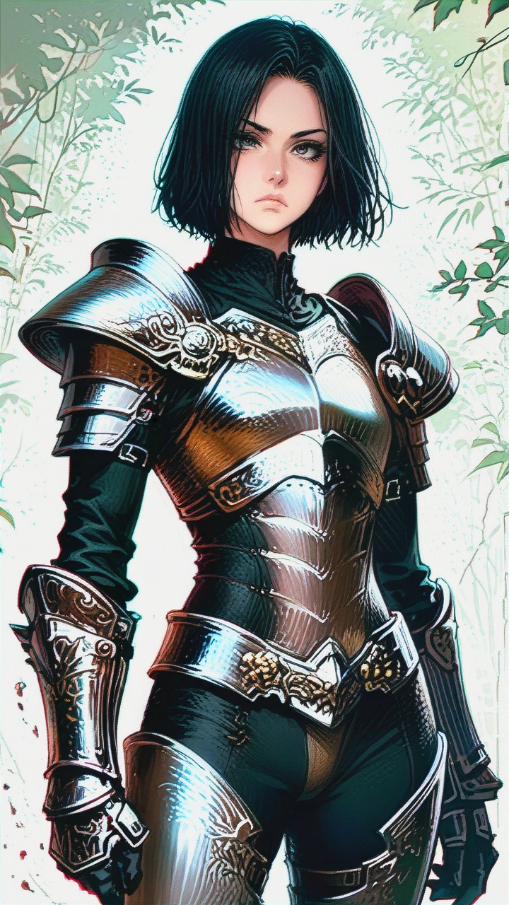 armored, legguards, groin, pants, flat chest, bob hair, black hair, anime, serious, (molestation)