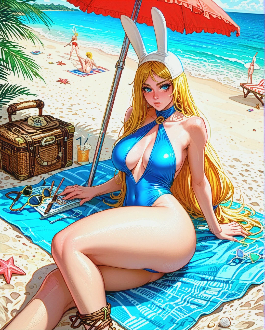 @fionna_the_human_girl, adventure time, bunny ears hat, low cut cut out revealing swimsuit, side boob cleavage, exposed belly button, gladiator sandals, rounded breasts, large breasts, rounded ass, large ass, thick thighs, sitting on beach towel, beach parasol, long hair, (hair_twirling)