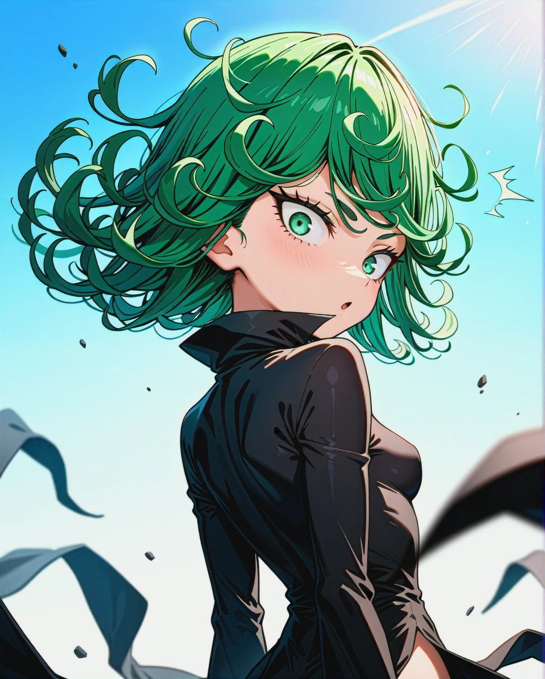 1girl, @tatsumaki, (perfect face), (very skinny: 1,1), in black dress with long sleeve, floating in the air, day, front view, surprised, white background, (looking back), surprised looks back