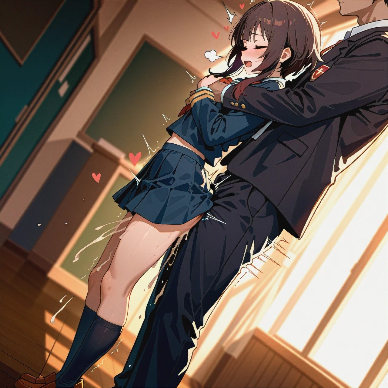 @megumin,  school, schoolgirl, school_uniform, socks, skirt,   (wide_shot), (dutch_angle),   (sex_from_behind), (cum), (sex), (clothed_sex), (groping), (reach-around),   (skinny),   (heart-shaped), (open_mouth), (sigh), (eyes_closed),