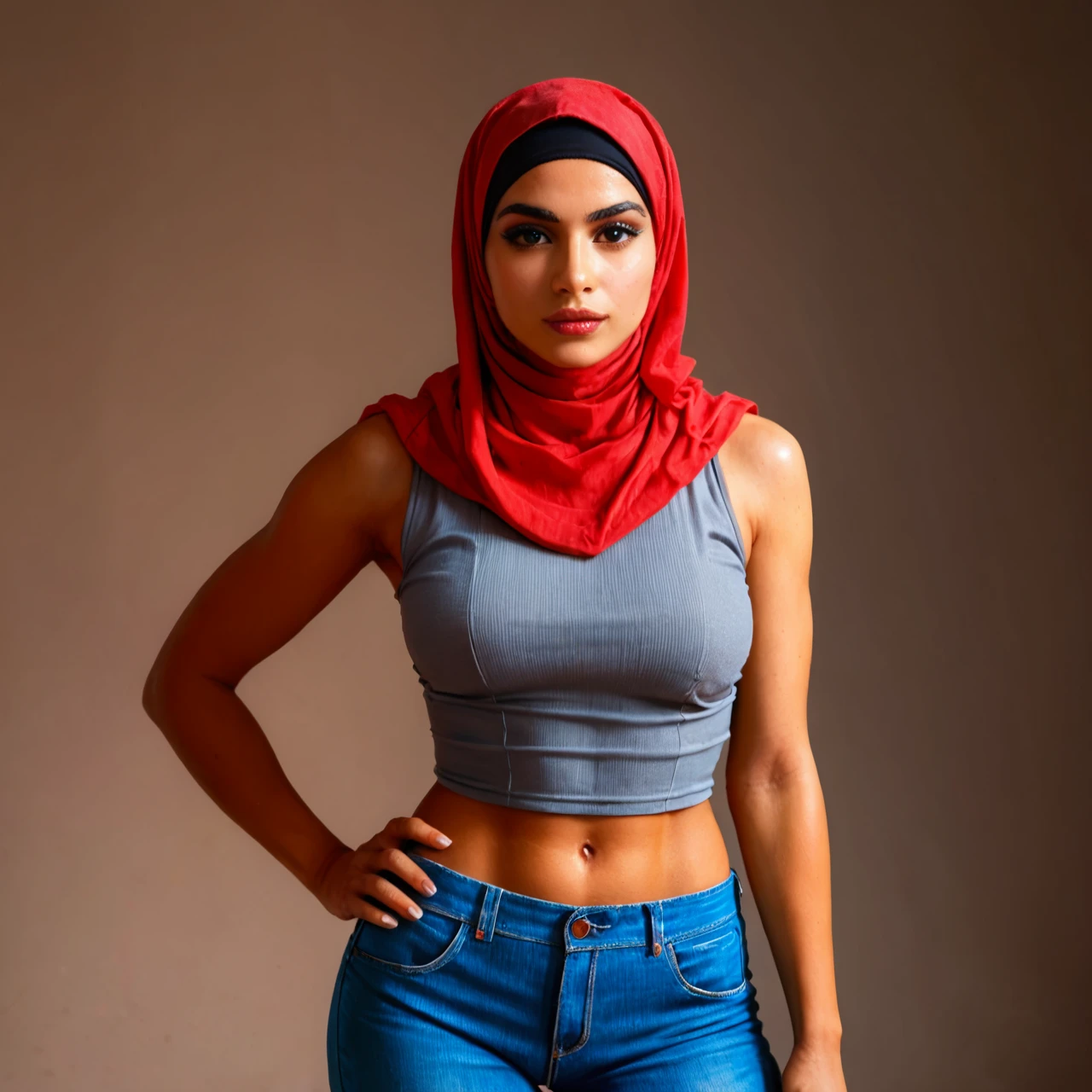 The image is a portrait of a young woman wearing a red hijab. She is standing in front of a plain grey background and is posing with one hand on her hip and the other resting on her thigh. The hijab is covering her head and she is wearing a grey tank top and blue jeans. She has a serious expression on her face and is looking directly at the camera. The overall mood of the image is confident and sultry.