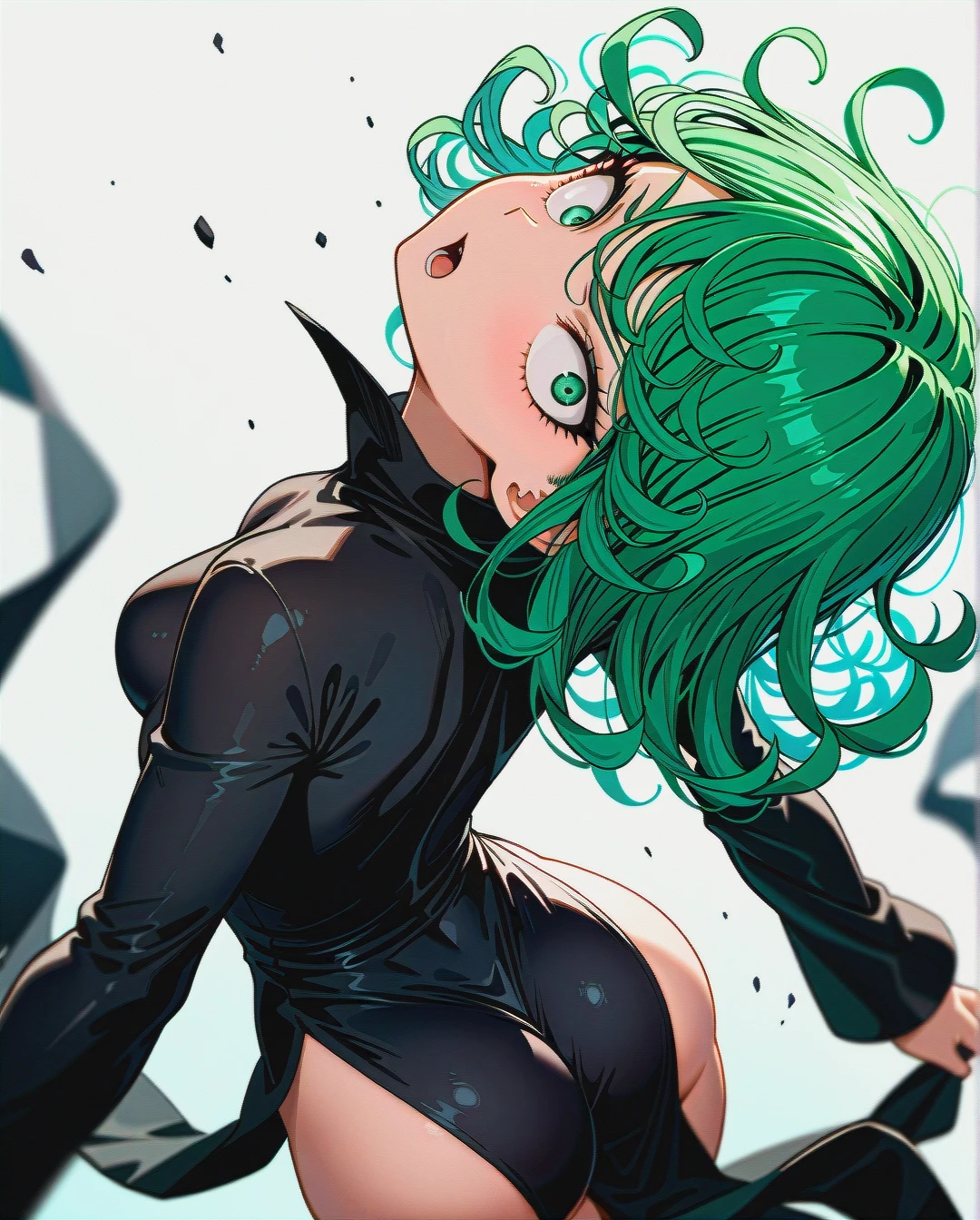 1girl, @tatsumaki, (perfect face), (very skinny: 1,1), in black dress with long sleeve, floating in the air, day, (front view: 1,1), surprised, white background, looking back, turns her head back