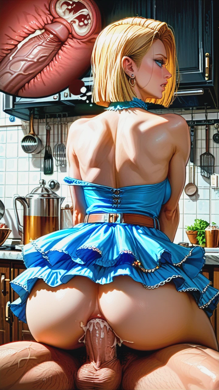 @android_18, eye contact, hyper realistic, kitchen counter, (breasts_out), princess jasmine dress costume, (fucked_silly), (anal), reverse cowgirl, (cross-section), thought bubble about cock inside, cum, (nipple_torture), (medium_breasts)