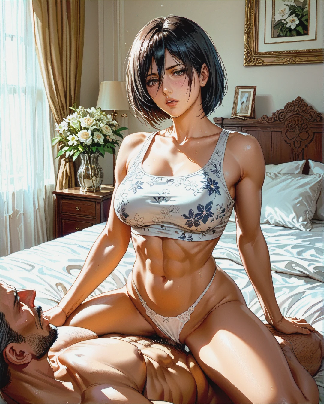 Mikasa,mature,on bed, crop tank top white floral, panties,floral , hairstyles, sex on top oldman, full photo