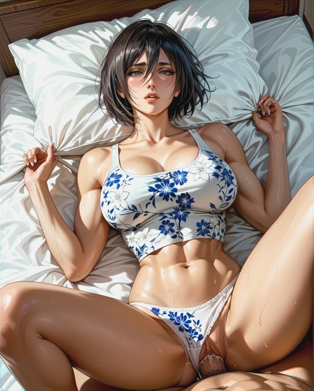 Mikasa,mature,on bed, crop tank top white floral, panties,floral , hairstyles, sex missionary,