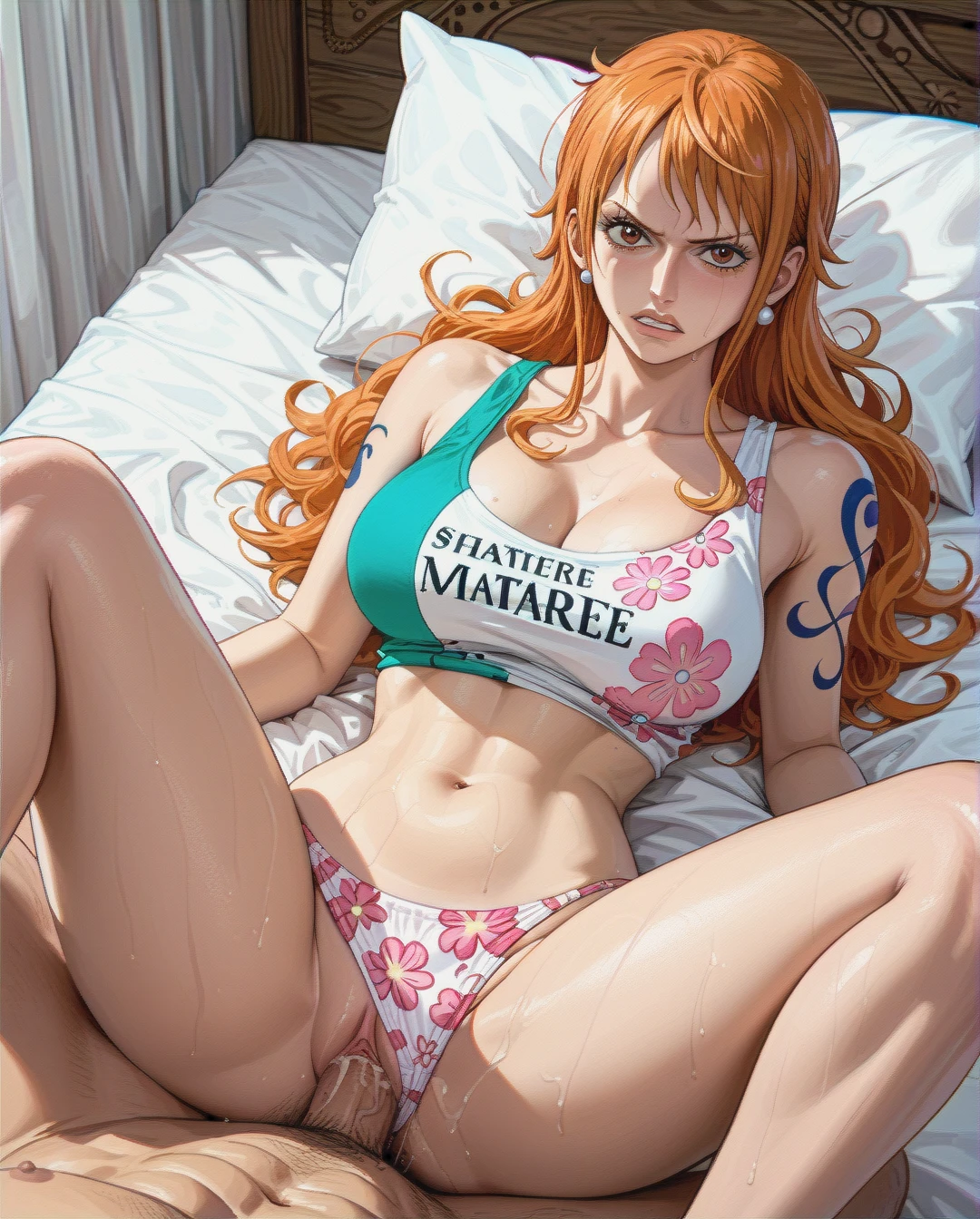 @nami one piece ,mature,on bed, crop tank top pink white floral, panties pink floral,sex missionary,long tail hairstyles,angry face