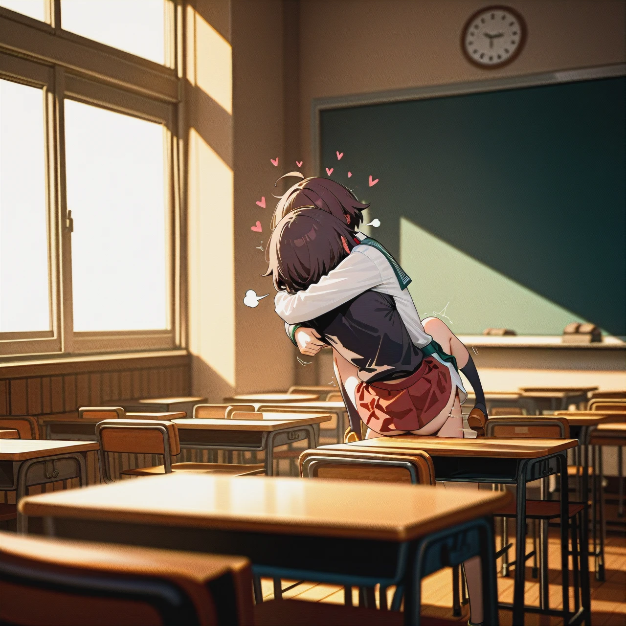 @megumin,  school, schoolgirl, school_uniform, skirt,  (wide_shot), (dutch_angle), (from_side),  on the table, legs_hug, kisses, open legs, (sex), (deep_penetration),   (skinny),   (heart-shaped), (sigh),