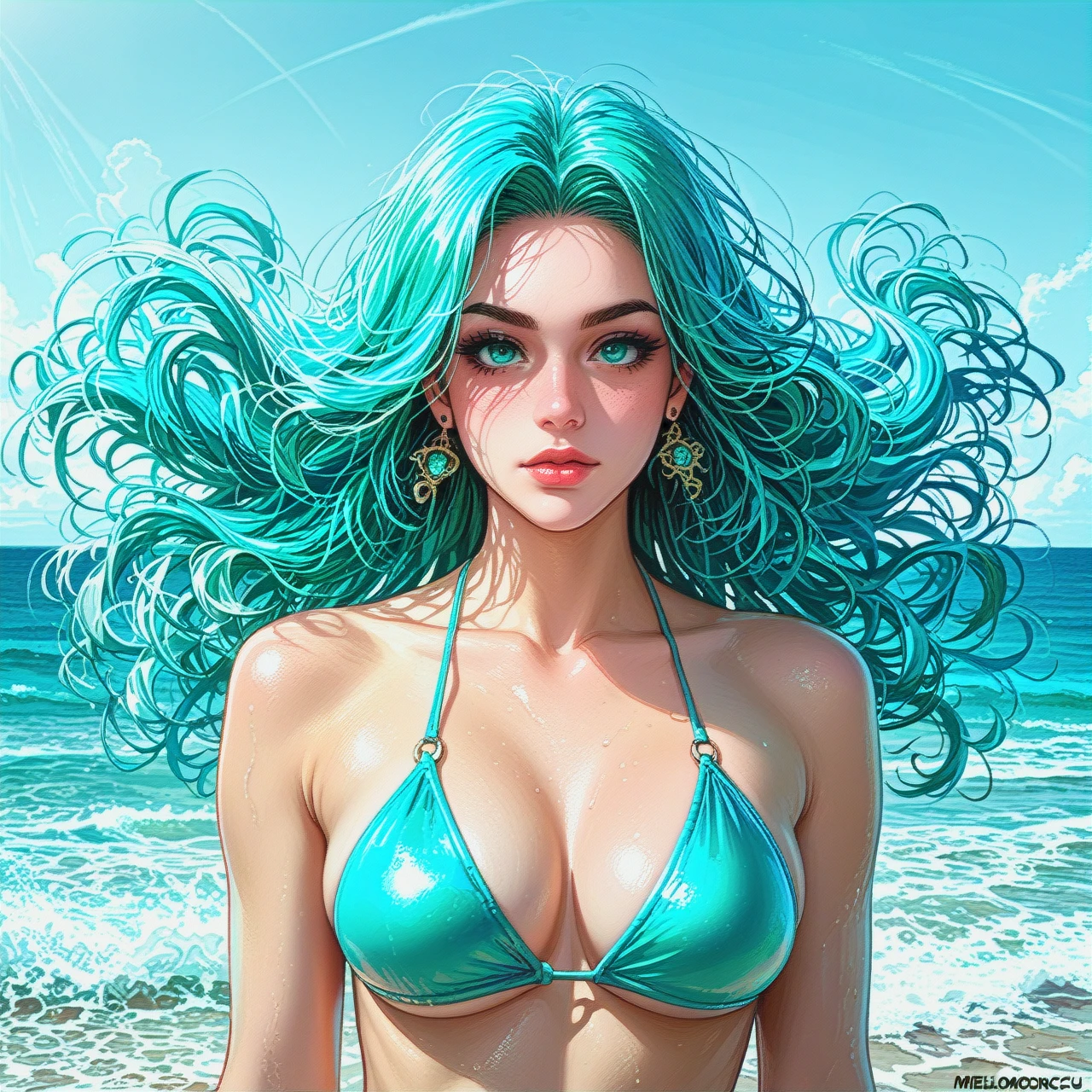 A headless, hyperrealistic depiction of a woman's torso, sun-kissed skin glistening, wearing a vibrant turquoise bikini;  the ocean's turquoise waves crash behind her, a surreal, dreamlike atmosphere;  the scene evokes a sense of mystery and longing, a modern take on classical sculpture.