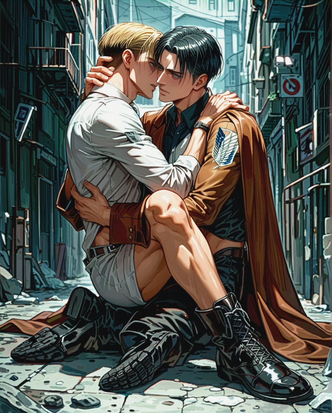 Blonde man @erwin_smith and black haired @levi, gay, yaoi, male body, full body, , dicks, (reach-around), size difference, couple