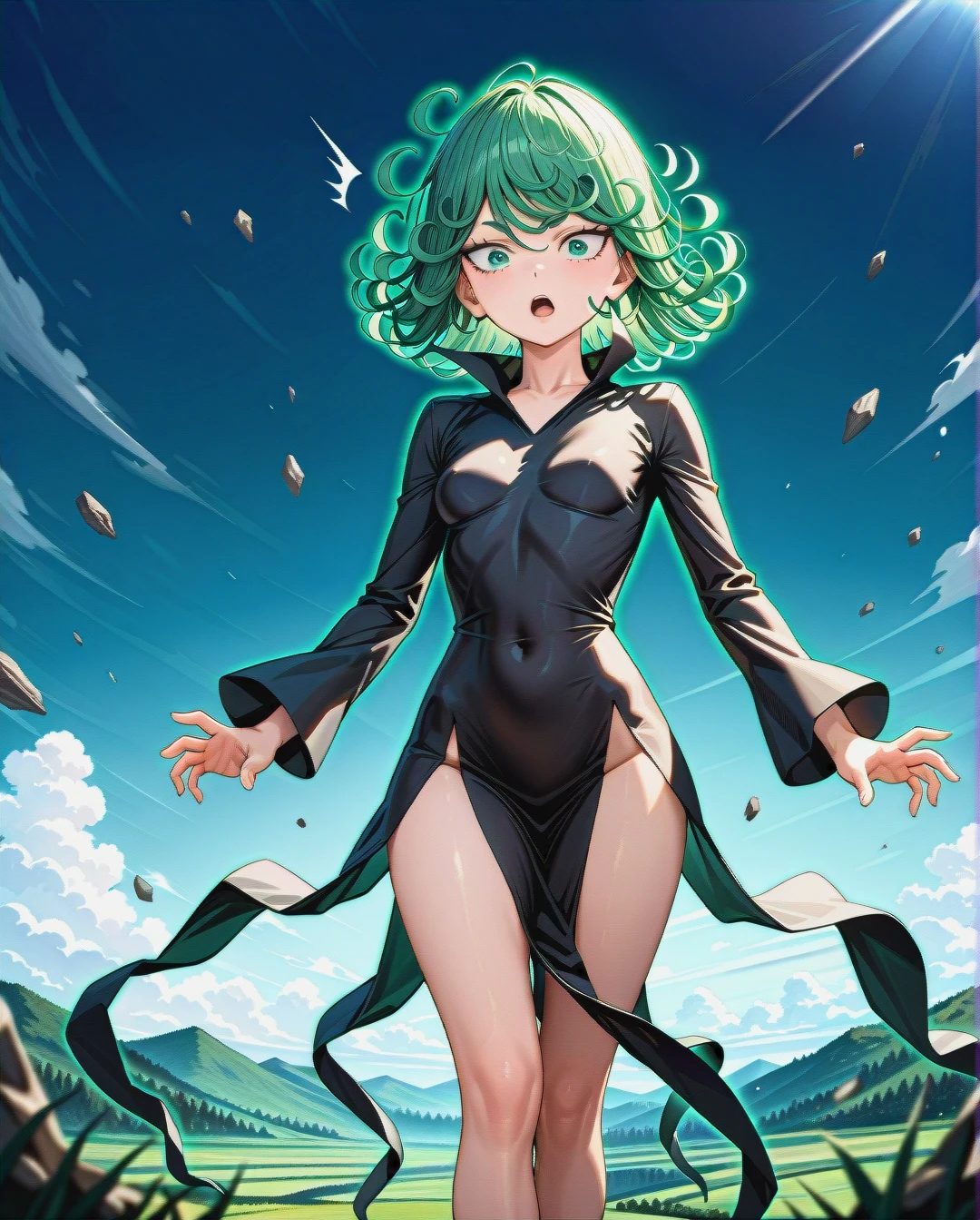 1girl, @tatsumaki, (perfect face), (very skinny: 1,1), in black dress with long sleeve, floating in the air, day, (front view), (surprised), landscape is forest, front view, (looking_back)