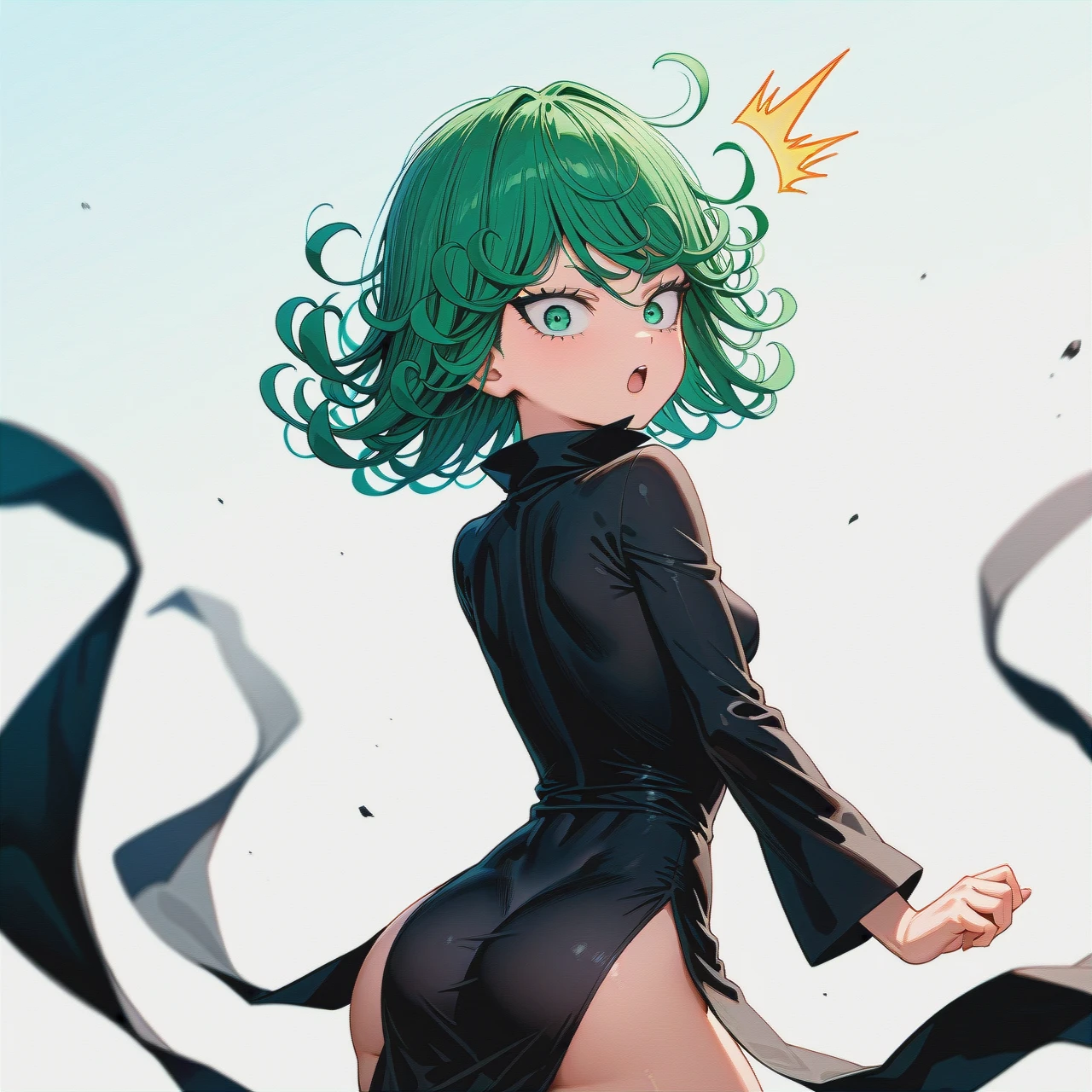 1girl, @tatsumaki, (perfect face), (very skinny: 1,1), in black dress with long sleeve, floating in the air, day, front view, surprised, white background, (looking back)