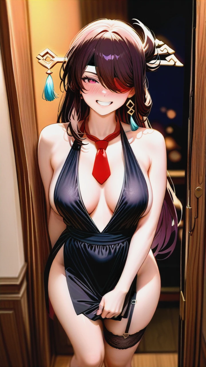 (drunk) (female_focus) (clenched_teeth_smile) (blush) (garter_necktie) (face_focus) (thick_lips) (excited) @beidou (standing)  (sideboob) (legs_apart) (open_dress) (from_above) (pov_hands)