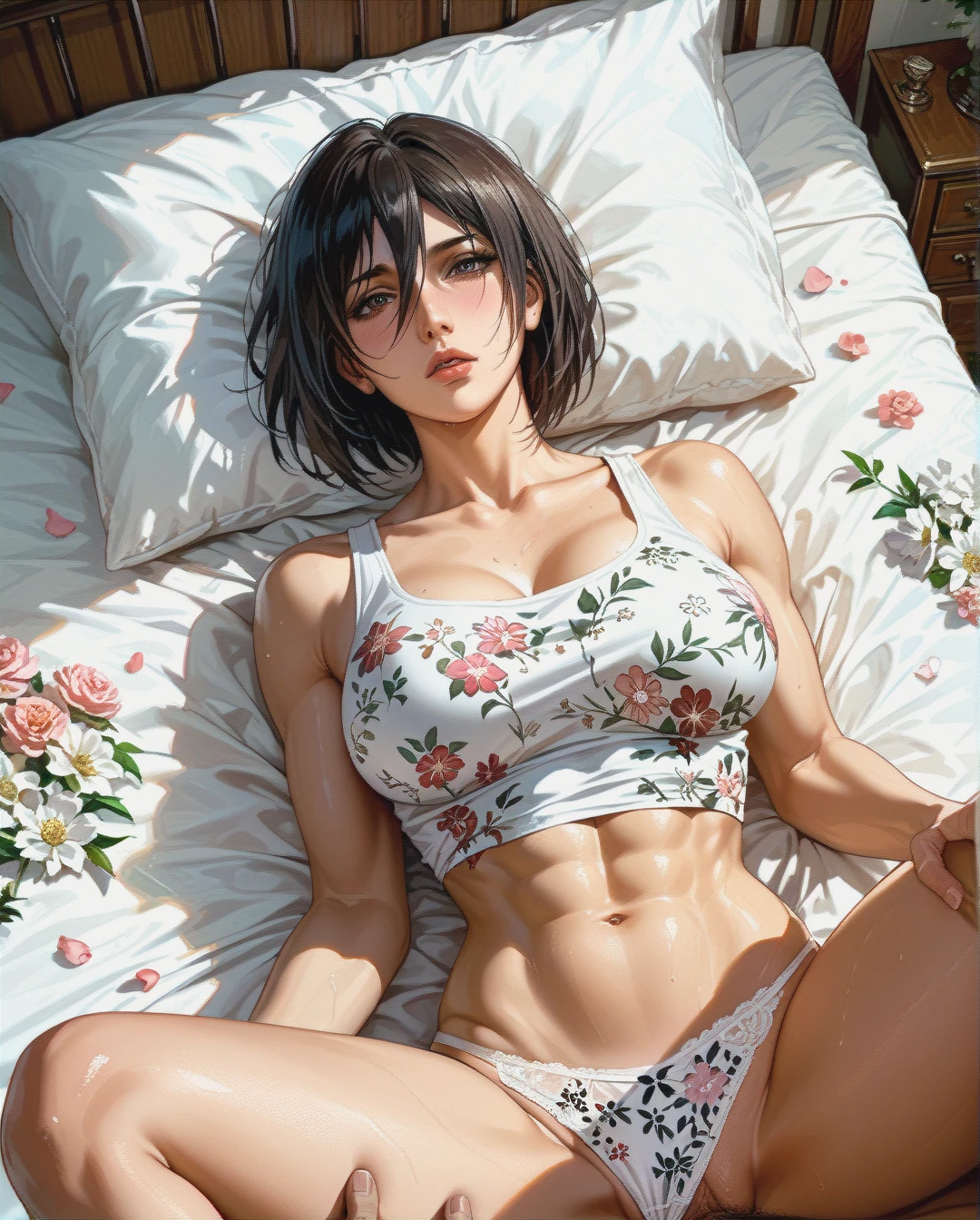 Mikasa,mature,on bed, crop tank top white floral, panties,floral , hairstyles, missionary,