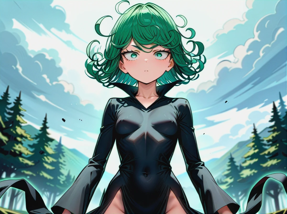 1girl, @tatsumaki, (perfect face), (very skinny: 1,1), in black dress with long sleeve, floating in the air, day, constricted_pupils, landscape is forest, (falling)