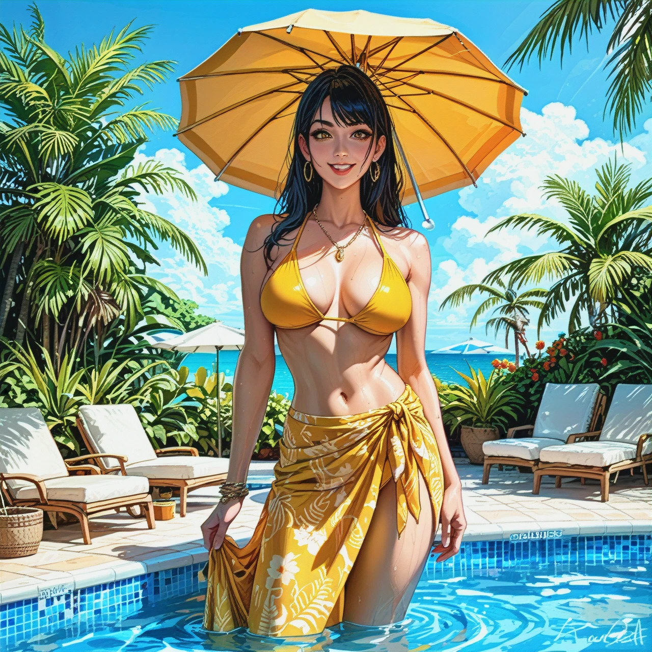 The image shows a young woman standing in a swimming pool. She is wearing a bright yellow bikini top and a matching sarong. The bikini top has a deep V-neckline and thin straps that tie around her waist. She has long dark hair and is smiling at the camera. The woman is standing in the water with her arms at her sides and her legs slightly apart. In the background, there are lounge chairs and umbrellas, suggesting that the pool is located in a tropical location.