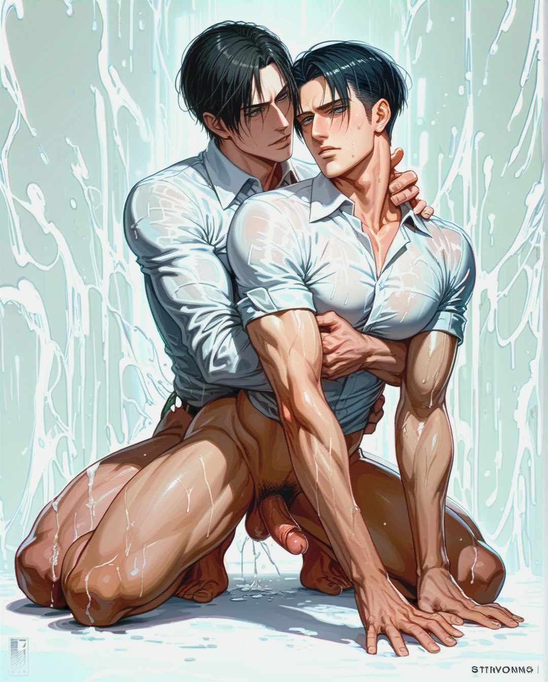 Two man @erwin_smith and @levi, gay, yaoi, male body, full body, , dicks, (reach-around), size difference, (sex_from_behind)